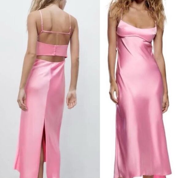 NEW Blogger Fave Viral TikTok Zara Pink Satin Cutout Scoop Neck Midi Slip Dress - Picture 15 of 16